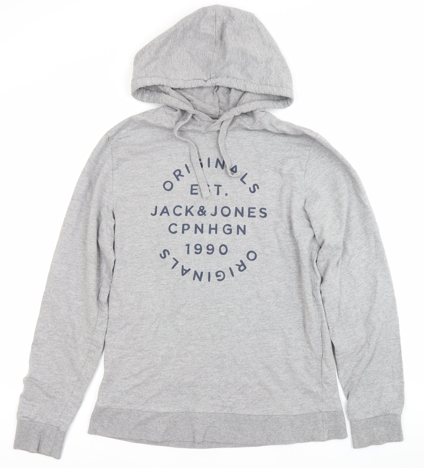 Jack & Jones Mens Grey Pullover Hoodie M Logo Print Casual Cotton