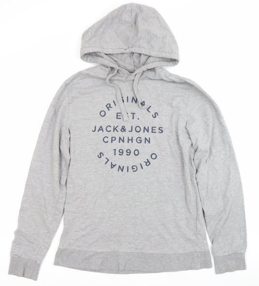 Jack & Jones Mens Grey Pullover Hoodie M Logo Print Casual Cotton