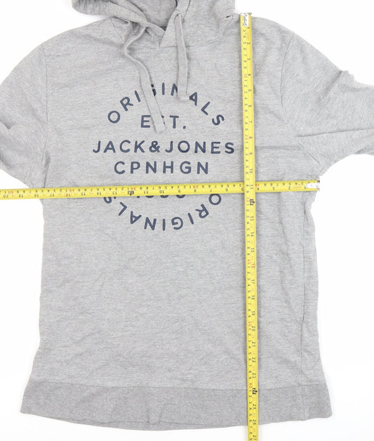 Jack & Jones Mens Grey Pullover Hoodie M Logo Print Casual Cotton