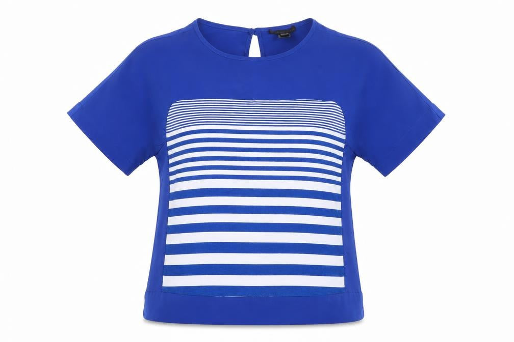 MNG Collection Womens Blue Striped Blouse Size 10 Short Sleeve