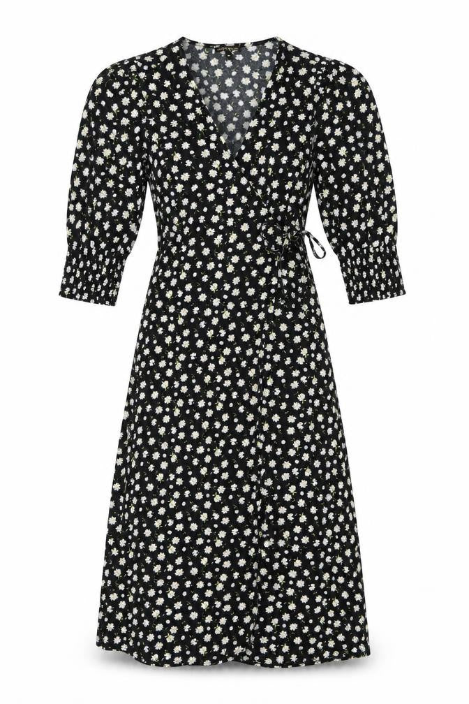Mystic Threads Womens Black Floral XS Midi Wrap Dress Long Sleeve