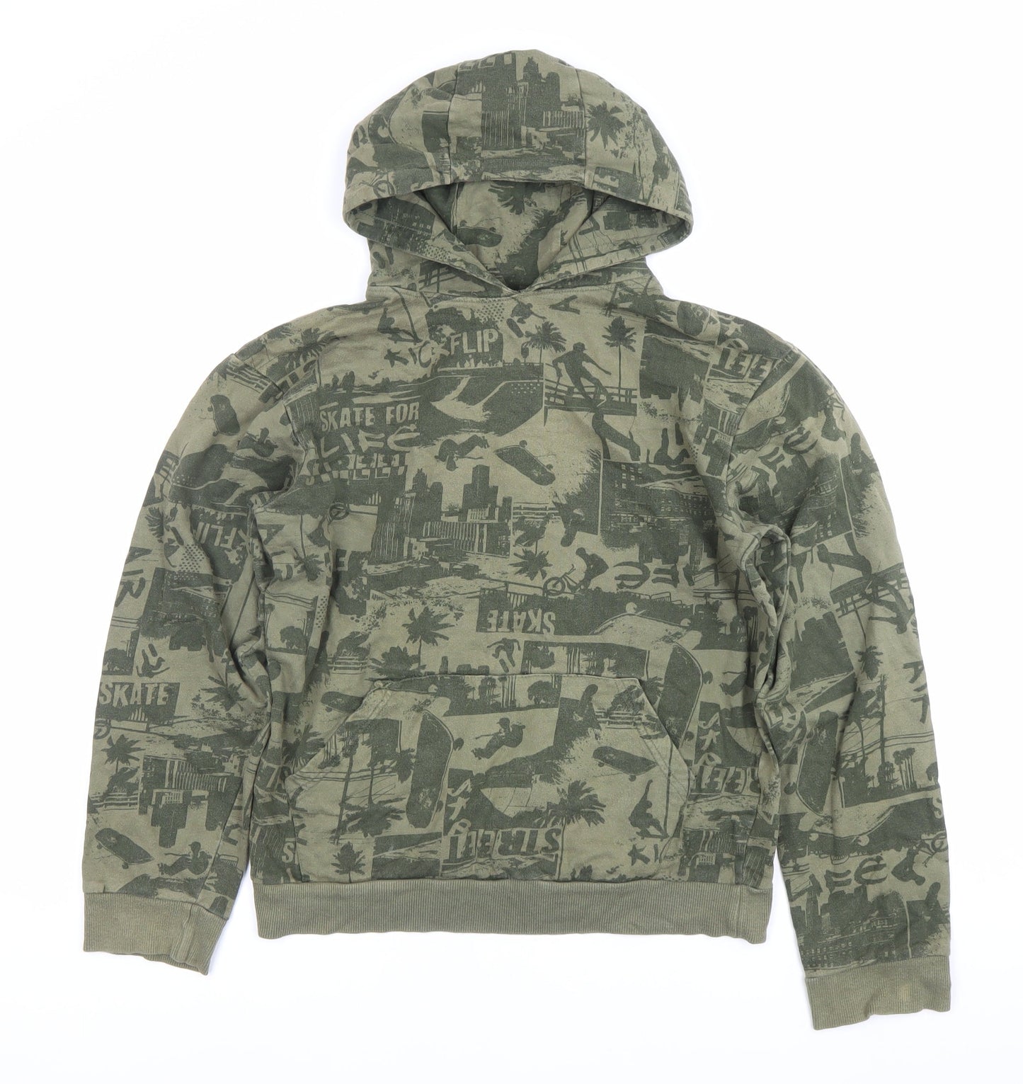 Urban Outlaws Boys Green Pullover Hoodie 13-14Y Skateboard Print Cotton