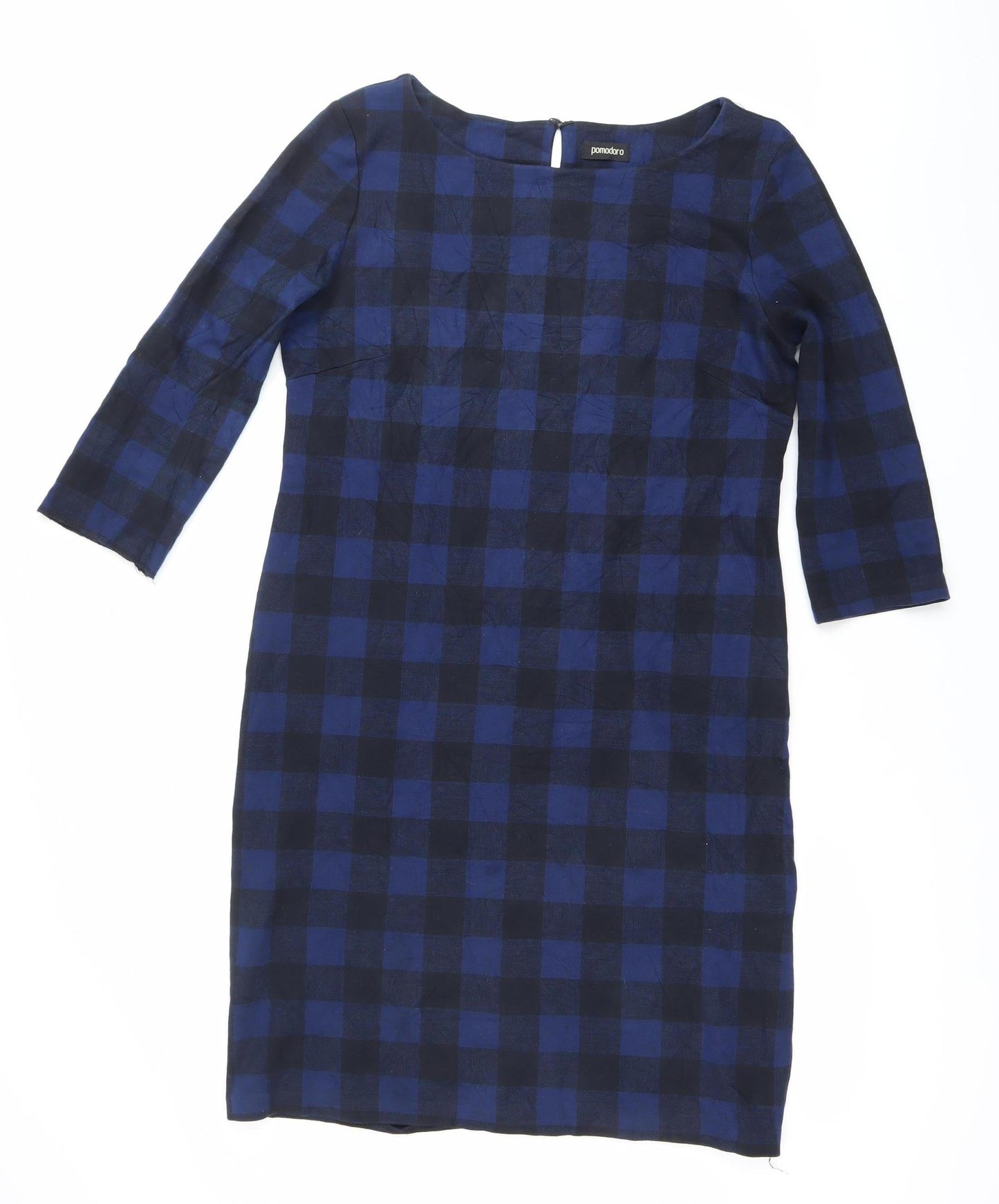 Pomodoro Women’s Blue Check Shift Dress Size 14 Round Neck 3/4 Sleeve