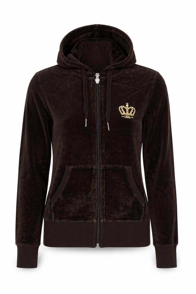 Front view of Fila Women’s Brown Full Zip Hoodie, size UK 8, Velour Sport Logo