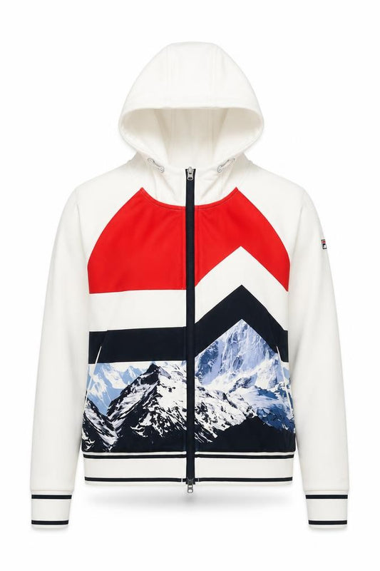 Fila Women’s White Track Jacket Size 8 Geometric Hooded Full Zip