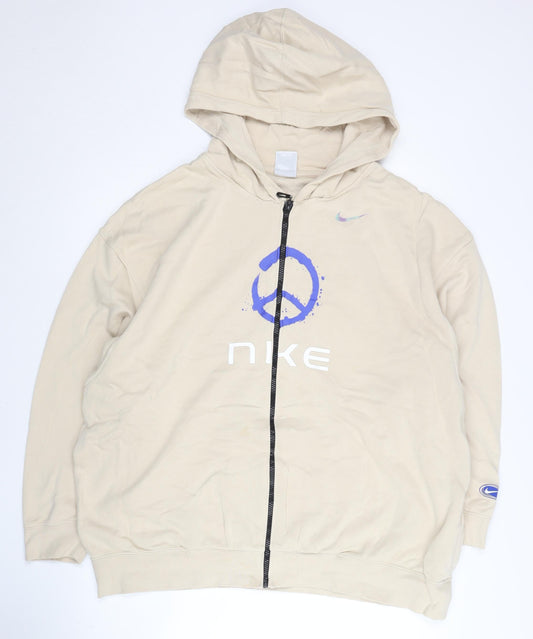 Nike Unisex Adults Beige Full Zip Hoodie Size L Cotton Blend
