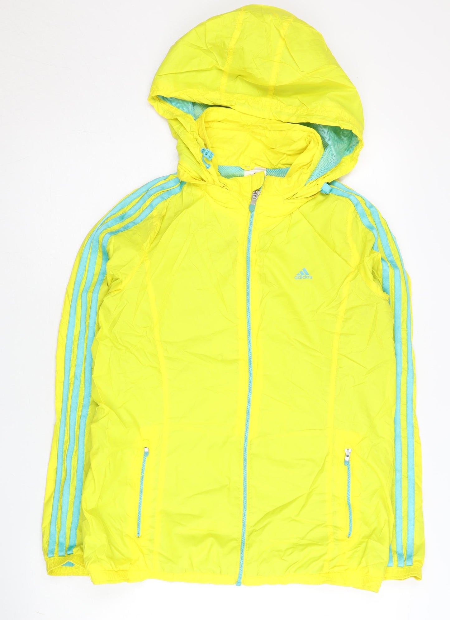 Adidas Womens Yellow Windbreaker Jacket Size 12 Zip Hooded Lightweight