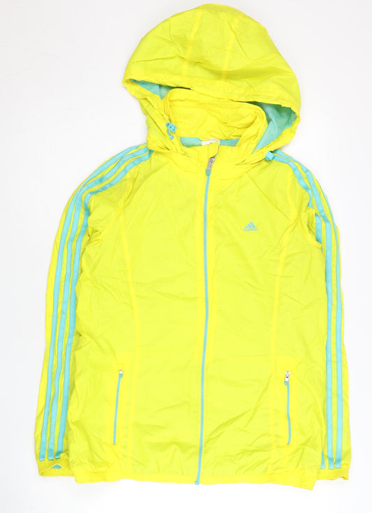 Adidas Womens Yellow Windbreaker Jacket Size 12 Zip Hooded Lightweight
