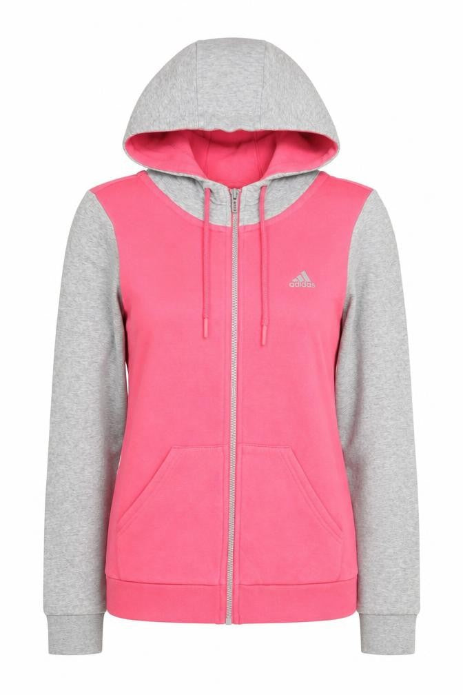 Front view of Adidas women’s hoodie pink grey, size UK 8, full zip sportswear