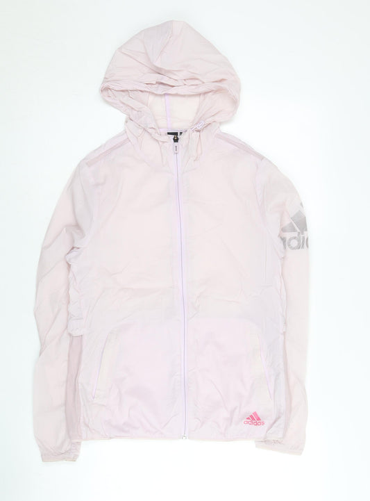Adidas Womens Pink Windbreaker Jacket Size 10 Hooded Full Zip Lightweight