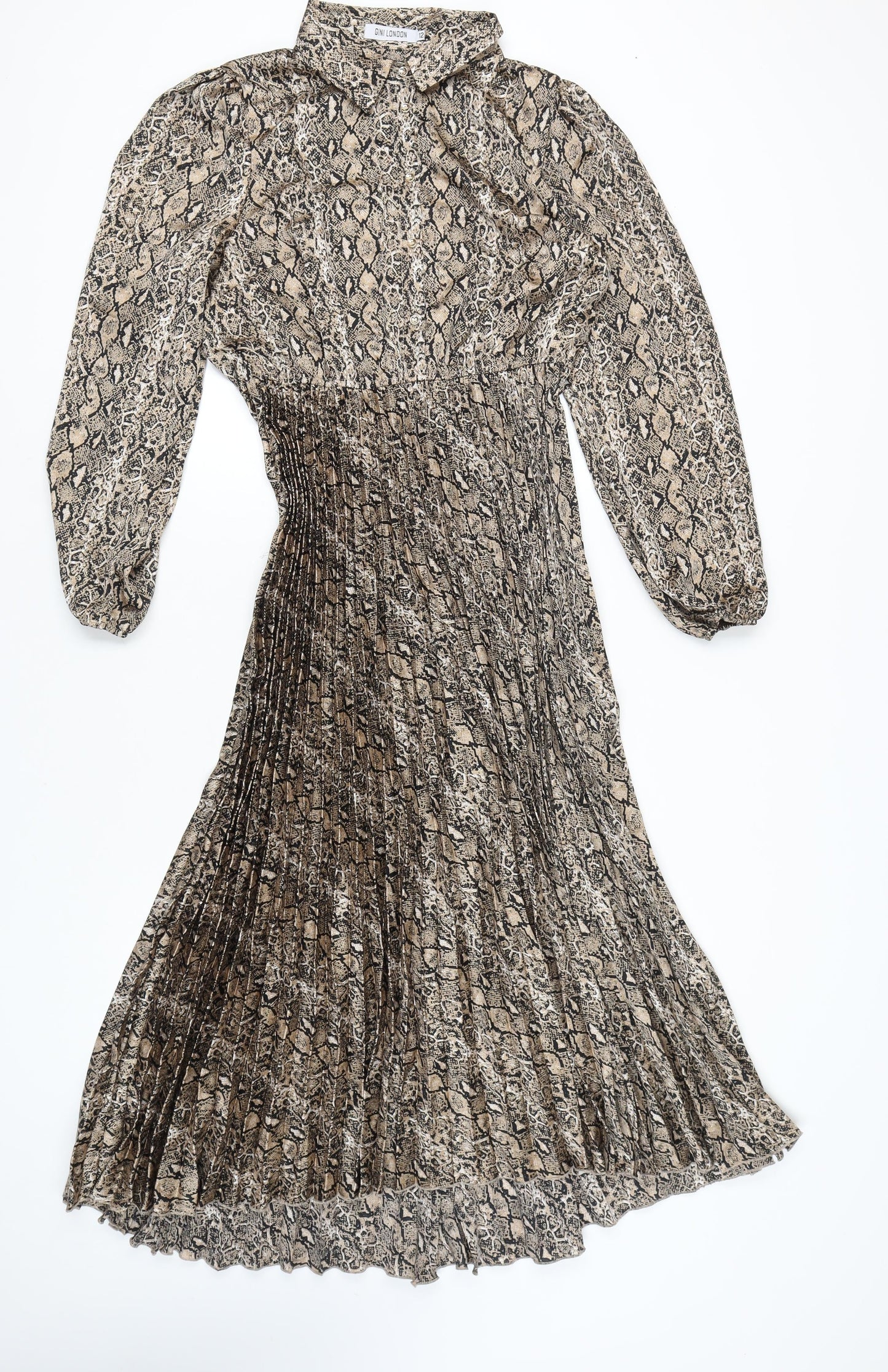 Gini London Women Brown Snake Print Pleated Midi Shirt Dress Size 12