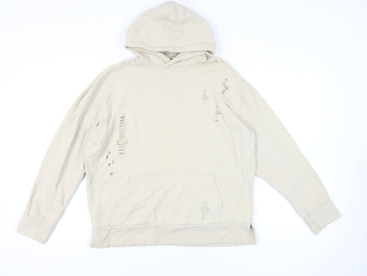 River Island Men’s Beige Distressed Pullover Hoodie M Regular Fit