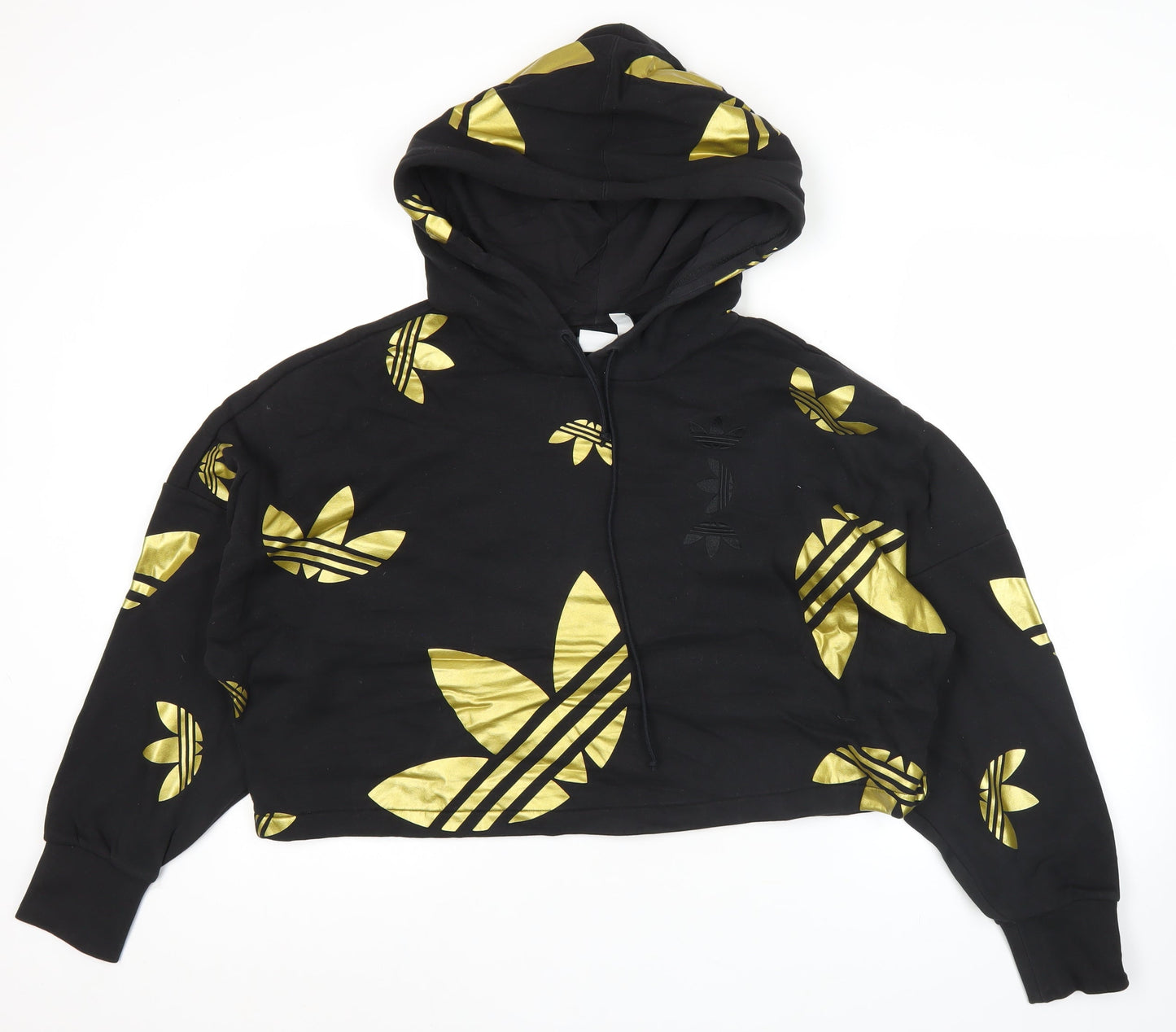 Adidas Womens Black Gold Logo Hoodie Size 10 Pullover Hooded Sweatshirt