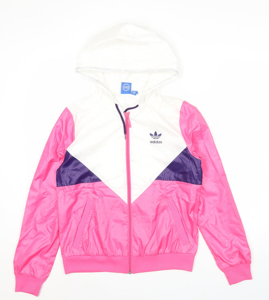 Adidas Womens Pink White Windbreaker Jacket Size 8 Hooded Colourblock