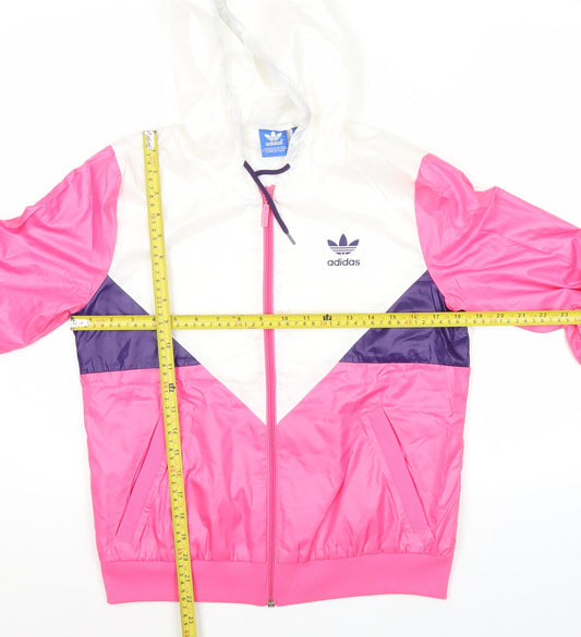 Adidas Womens Pink White Windbreaker Jacket Size 8 Hooded Colourblock