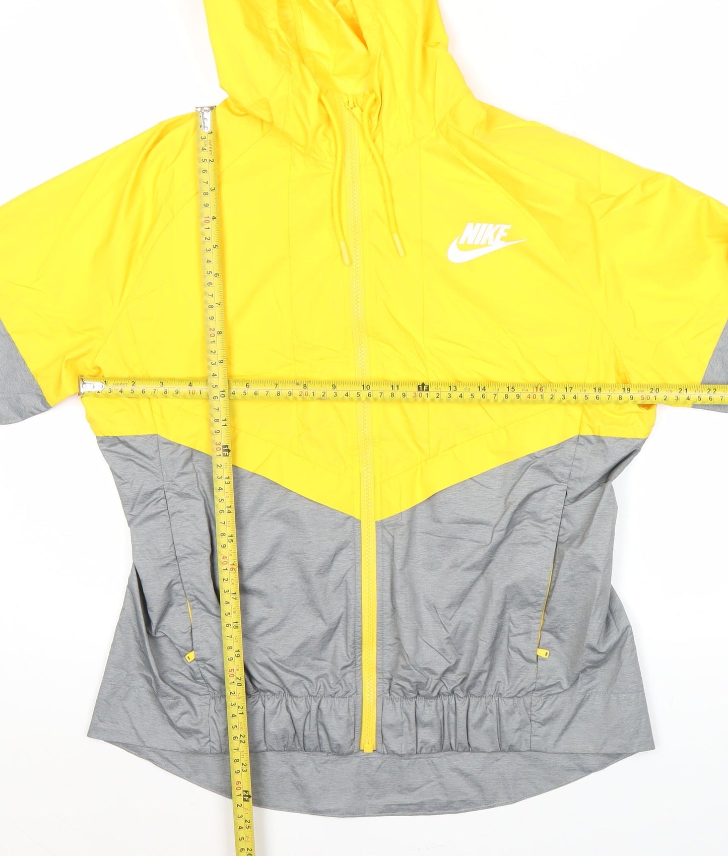 Nike Womens Yellow Grey Windbreaker Jacket L Hooded Full Zip