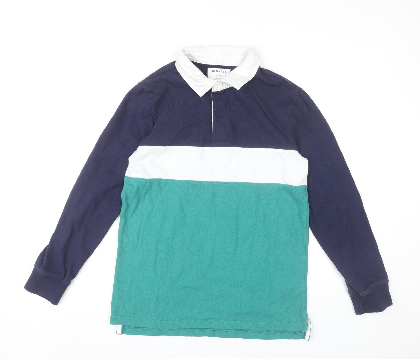 Old Navy Boys XL 14-16 Blue Green Colourblock Long Sleeve Polo Shirt