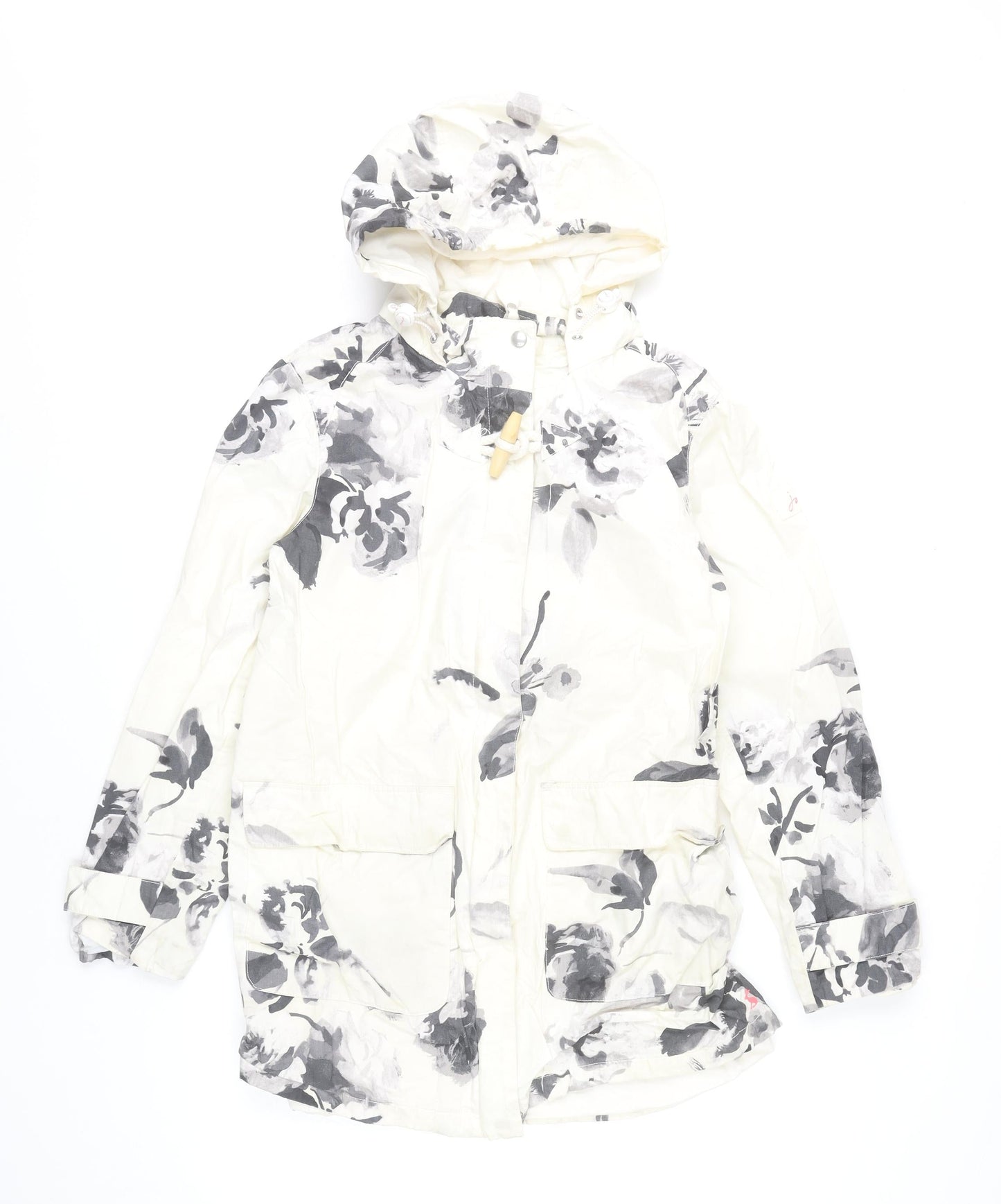 Joules Women’s White Floral Rain Coat UK 12 Waterproof Hooded