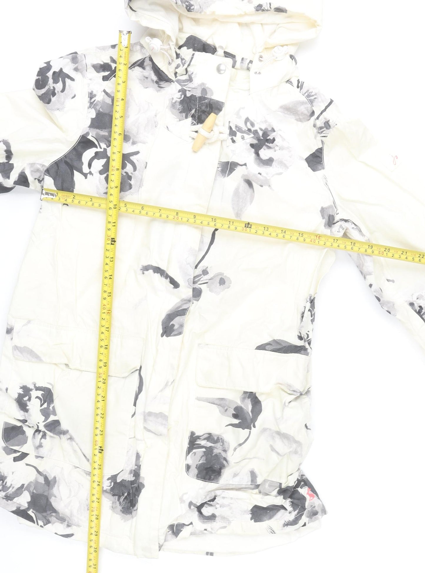 Joules Women’s White Floral Rain Coat UK 12 Waterproof Hooded