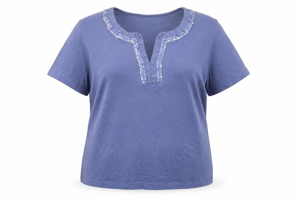 Bonmarché Women’s Blue Cotton Sequin Scoop Neck Short Sleeve T-Shirt L
