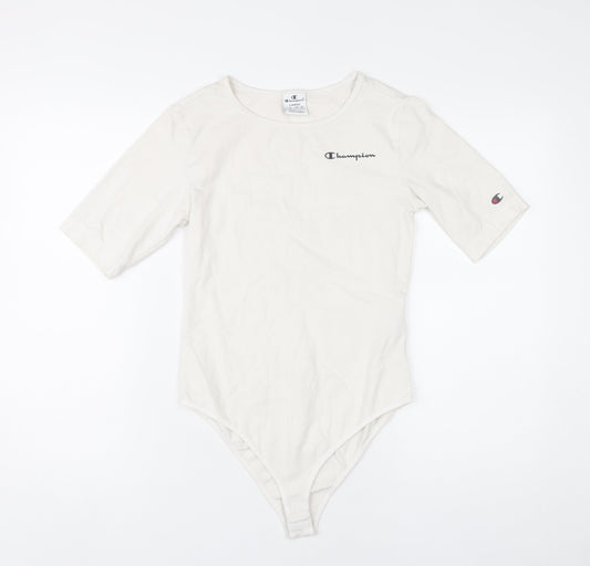 Champion Women Ivory Bodysuit L Scoop Neck Logo Cotton Stretch