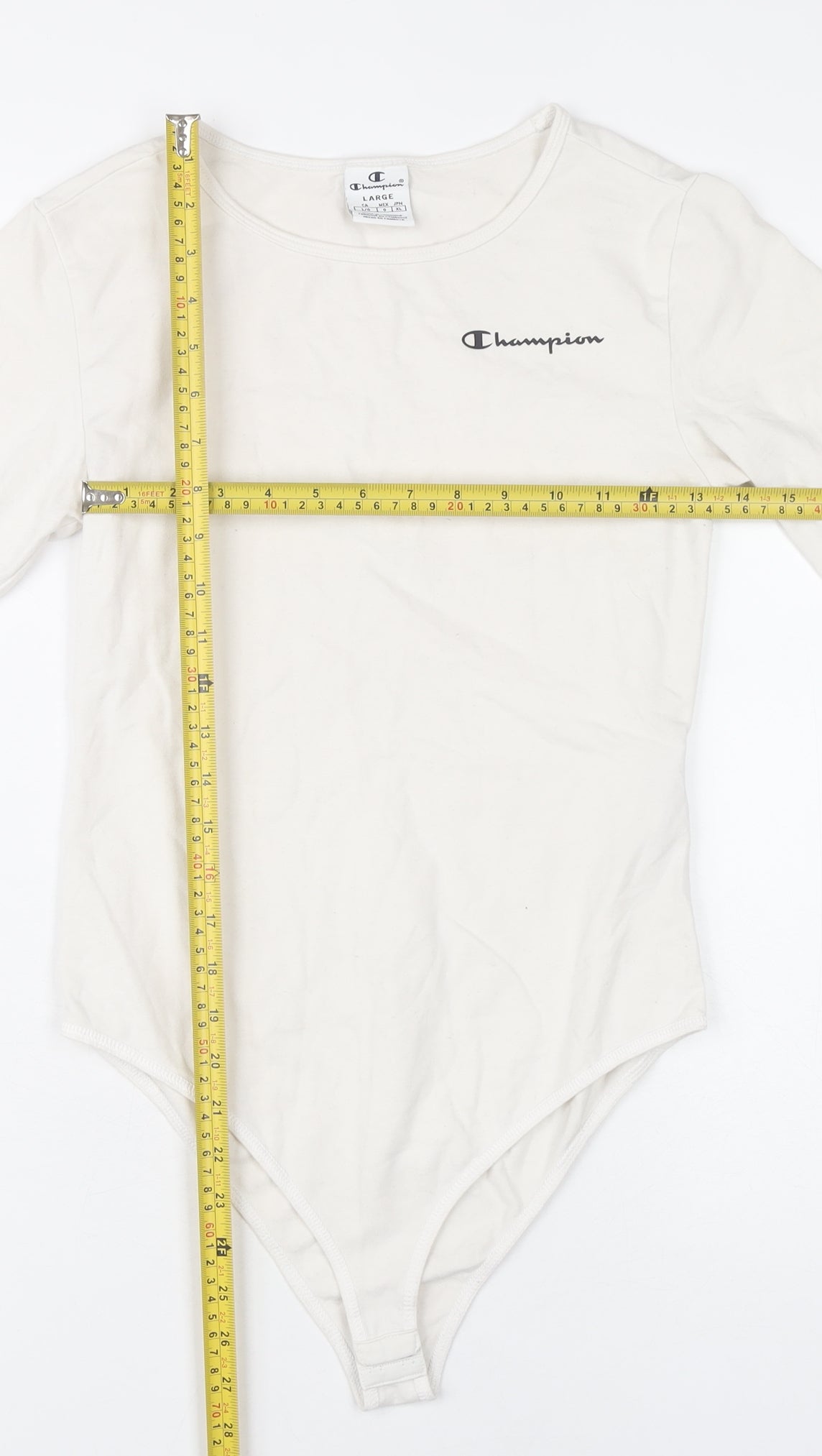 Champion Women Ivory Bodysuit L Scoop Neck Logo Cotton Stretch