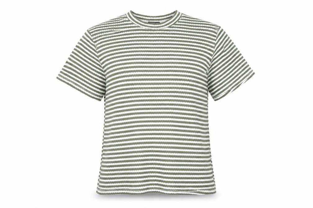 Front view of ASOS Design Women’s Green White Striped T-Shirt, size S, UK 8-10
