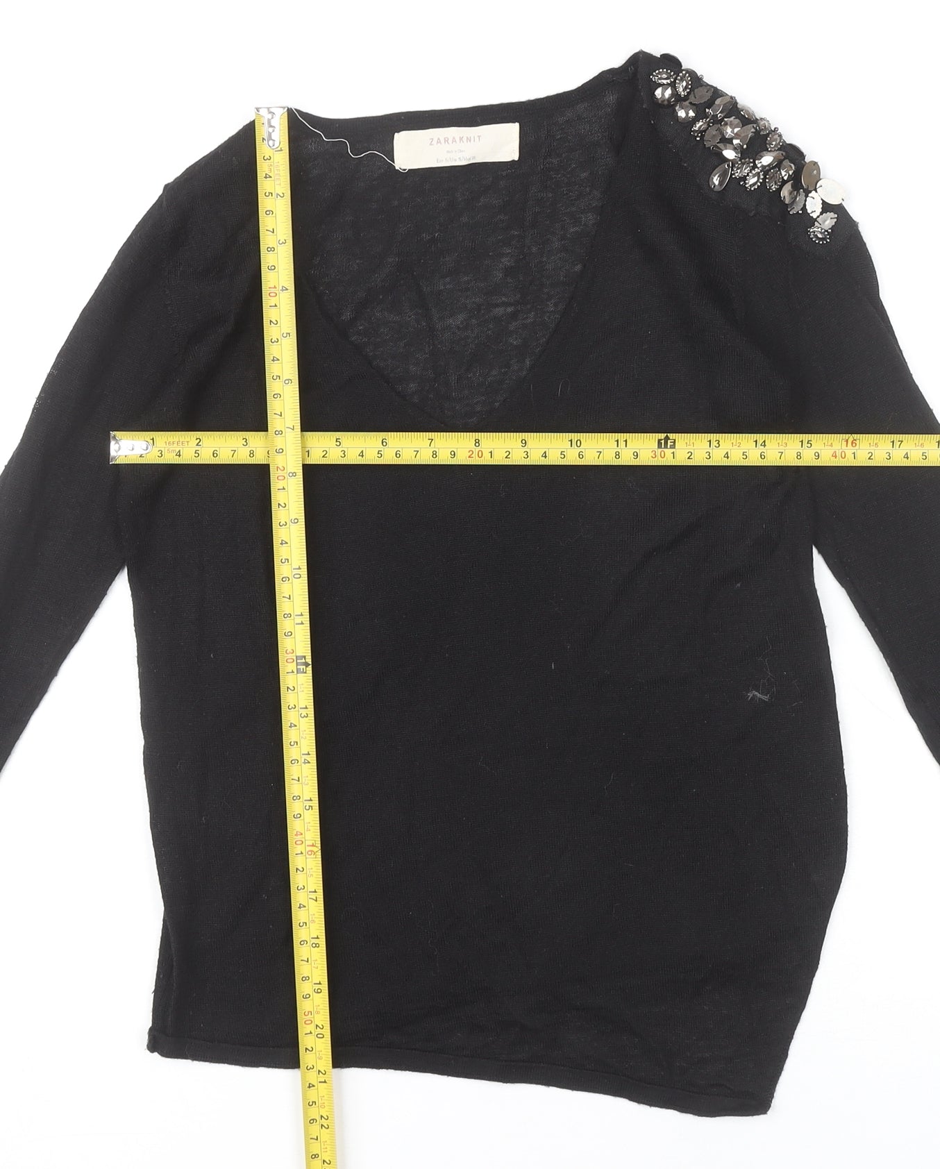 Zara Women’s Black Beaded V-Neck Knit Jumper Size S