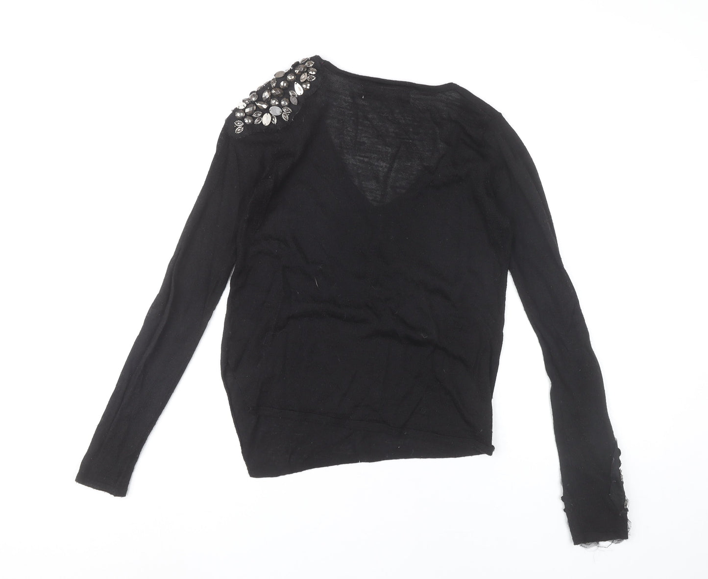 Zara Women’s Black Beaded V-Neck Knit Jumper Size S