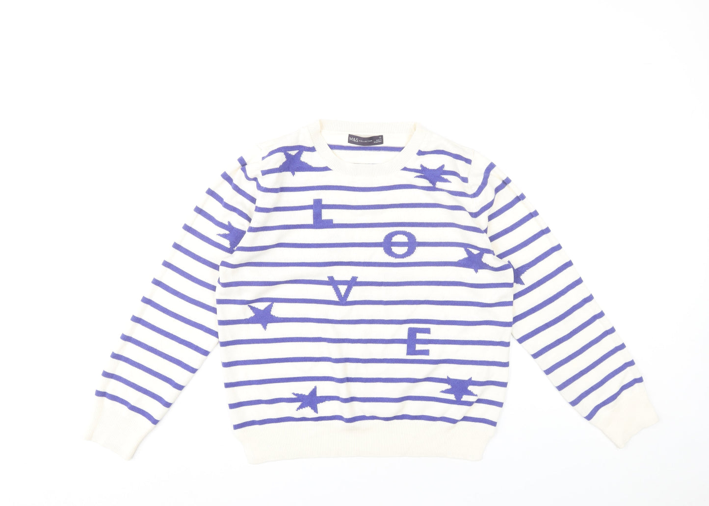 Marks and Spencer Women’s Blue Striped LOVE Jumper Size 12