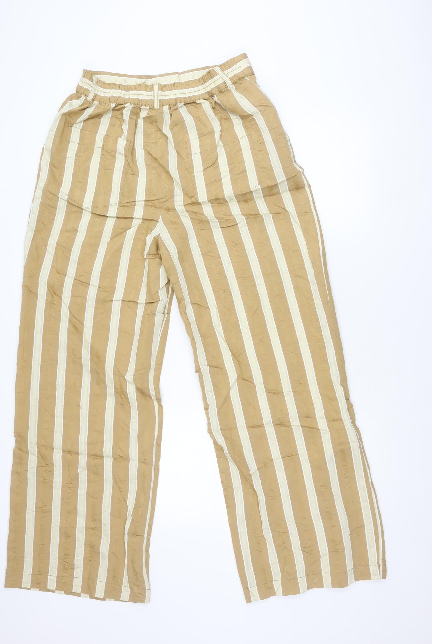 Zara Women’s Beige Striped Wide-Leg Trousers L Elastic Waist