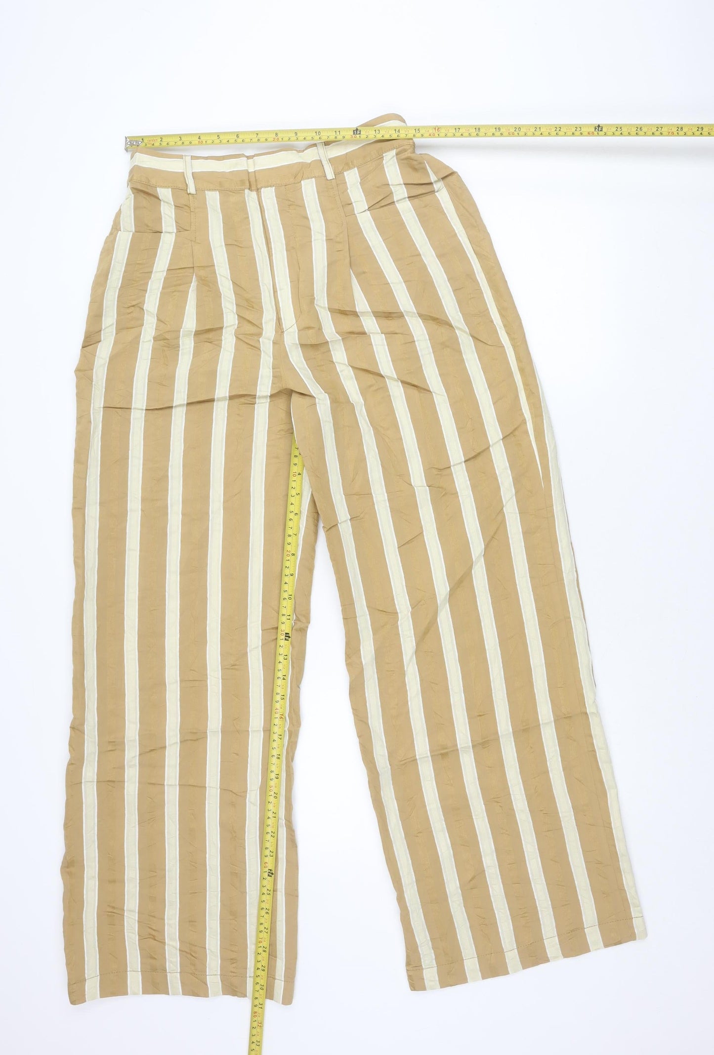 Zara Women’s Beige Striped Wide-Leg Trousers L Elastic Waist