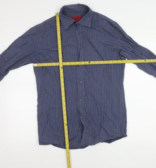 Hugo Boss Men’s Blue Striped Cotton Long Sleeve Button-Up Shirt M