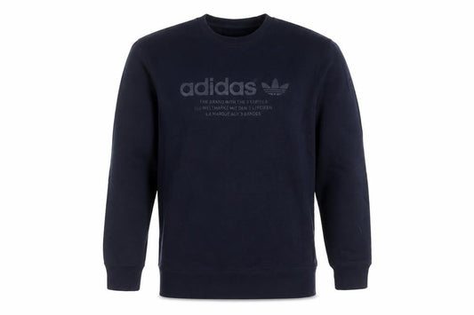 Front view of Adidas men’s blue medium sweatshirt pullover crew neck logo graphic
