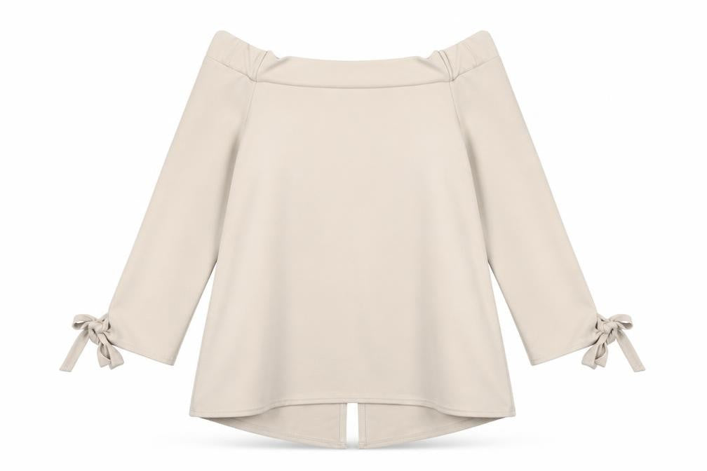 Boohoo Women’s Beige Bardot Tie Sleeve Blouse Top UK 12