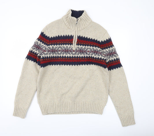 Tommy Hilfiger Men's Beige Fair Isle Wool Blend 1/4 Zip Jumper Size M