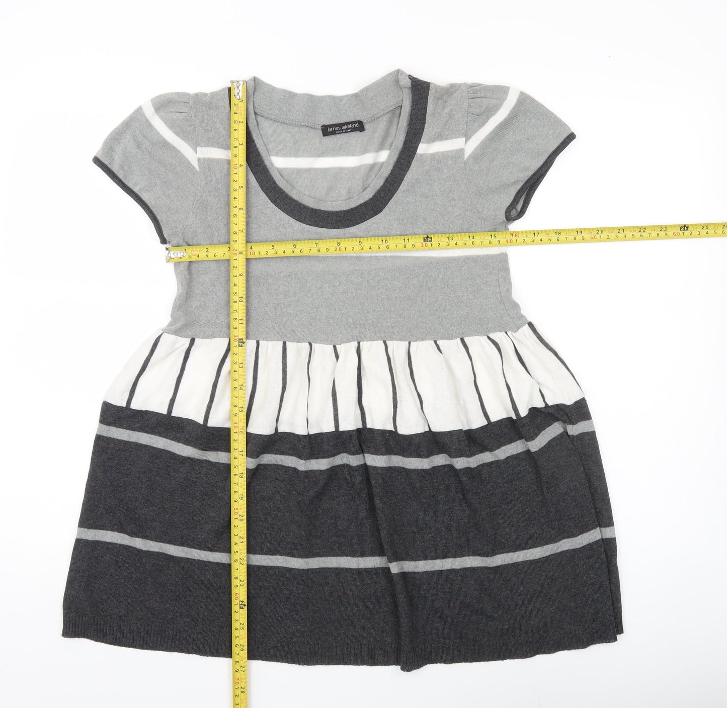 James Lakeland Women’s Grey Striped Tunic Jumper Size 14 Short Sleeve Knit