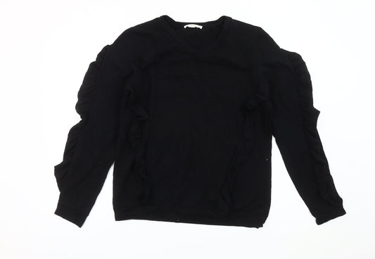LUX Women’s Black Ruffle Pullover Sweatshirt Size M V-Neck Long Sleeve