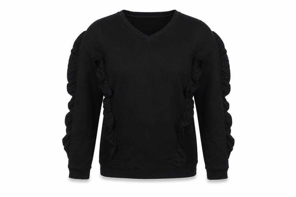 LUX Women’s Black Ruffle Pullover Sweatshirt Size M V-Neck Long Sleeve