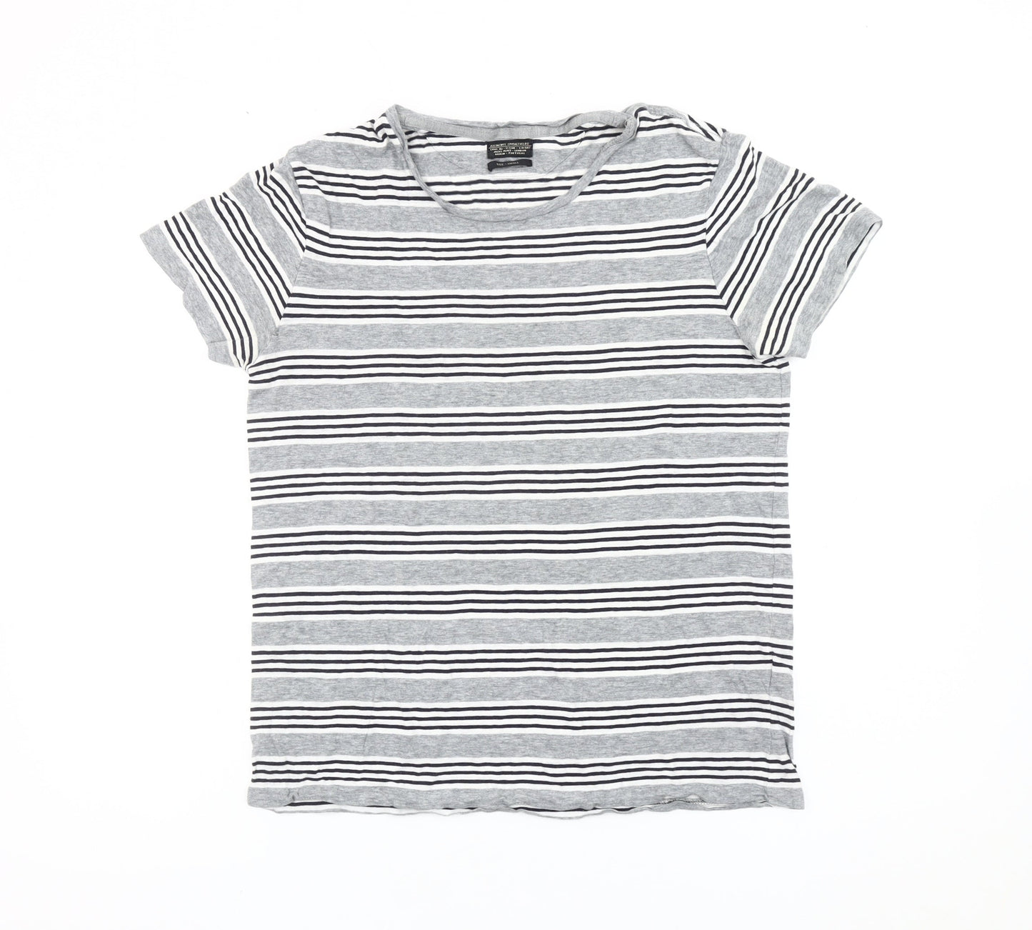 AllSaints Men’s Grey Striped Cotton T-Shirt Size S Crew Neck