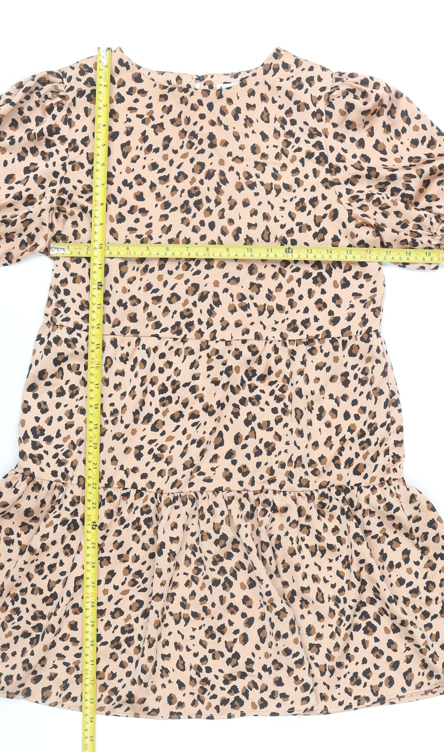 Lola May Women Beige Leopard Print Shift Dress Size 10 Short Puff Sleeve