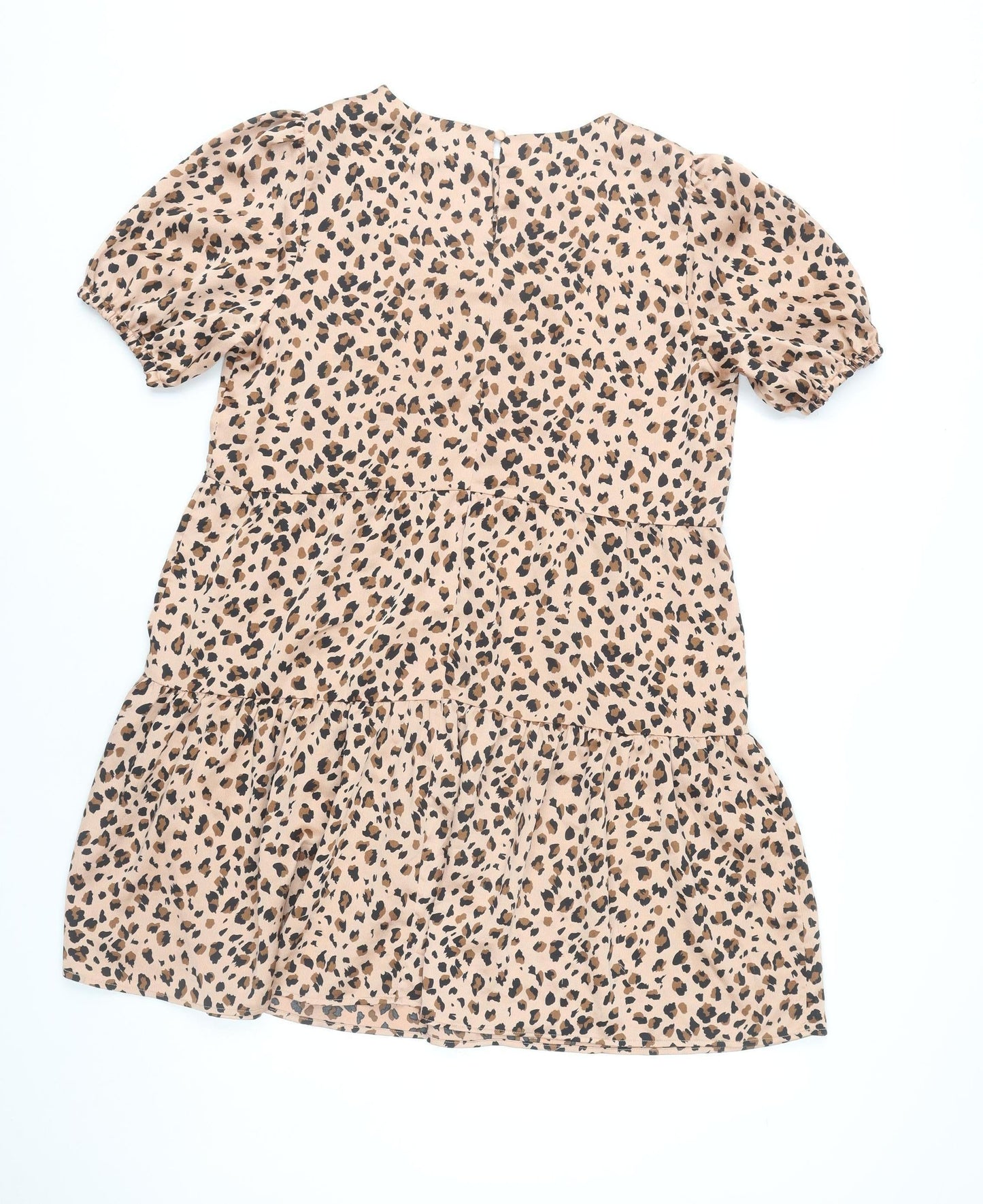 Lola May Women Beige Leopard Print Shift Dress Size 10 Short Puff Sleeve