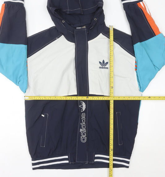 Adidas Mens L Blue White Orange Windbreaker Hooded Jacket