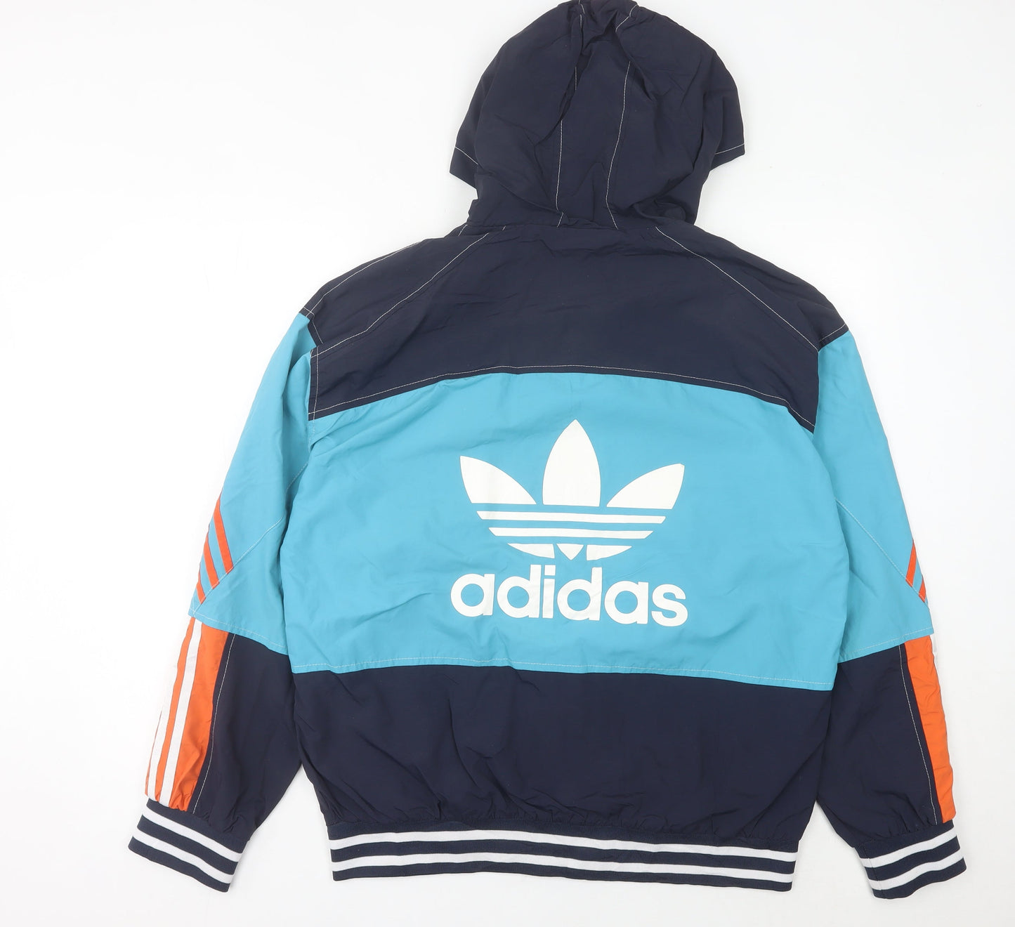 Adidas Mens L Blue White Orange Windbreaker Hooded Jacket