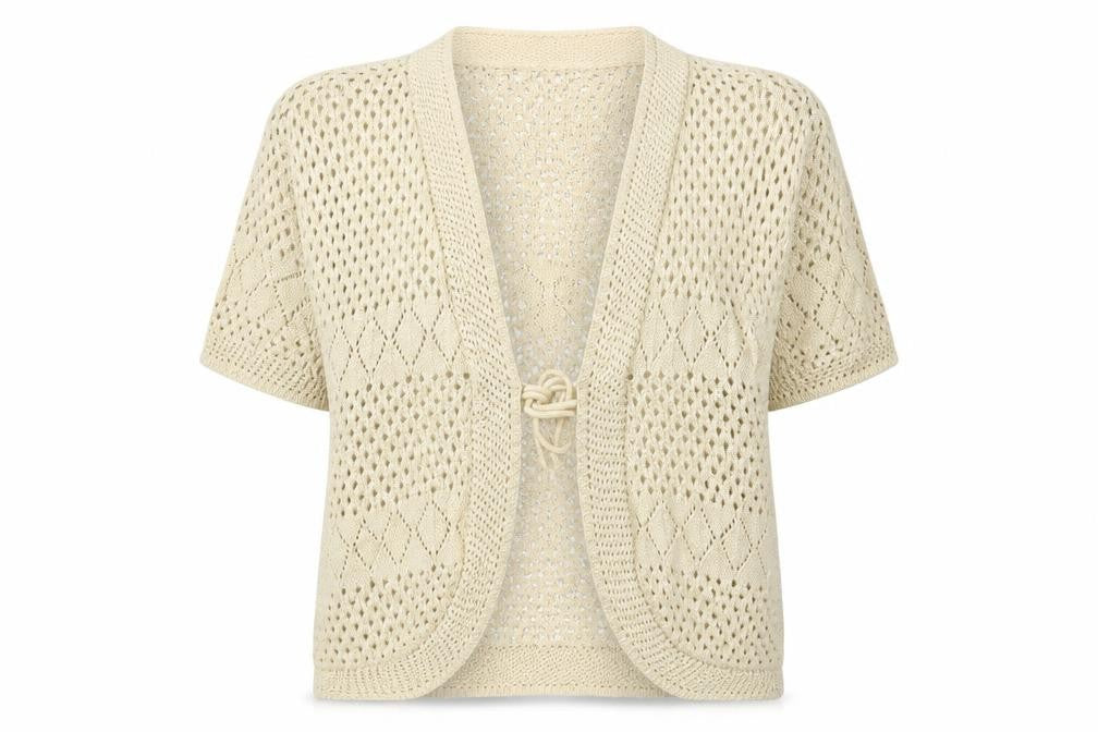 Gazelle Womens Beige Open Knit Cardigan M Short Sleeve V Neck