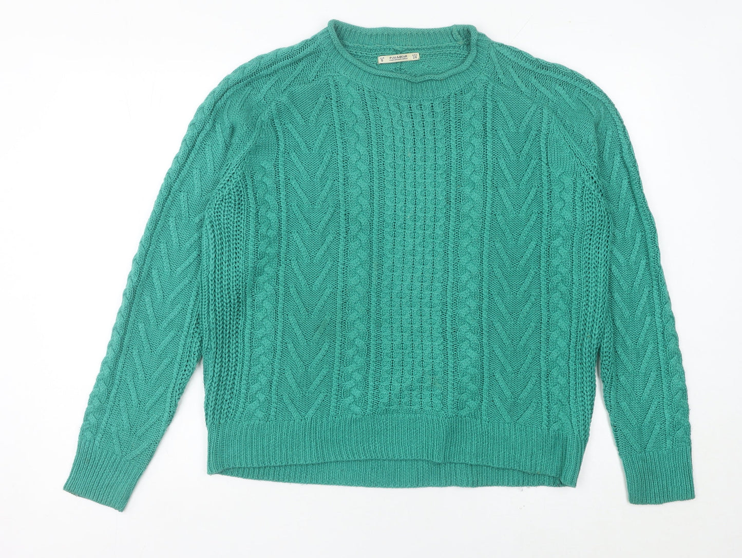 Pull&Bear Womens Green Cable-Knit Acrylic Jumper Size S
