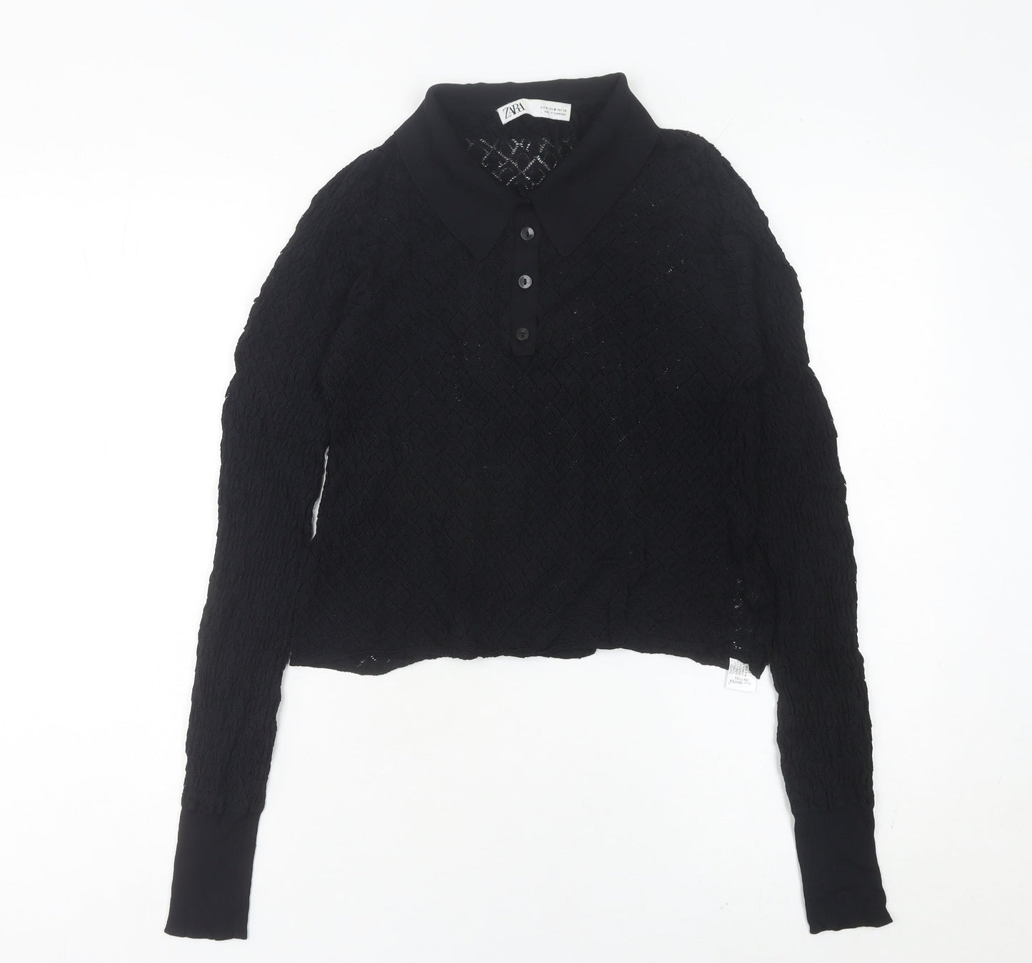 Zara Womens Black Collared Knit Button-Up Cropped Top Size 12