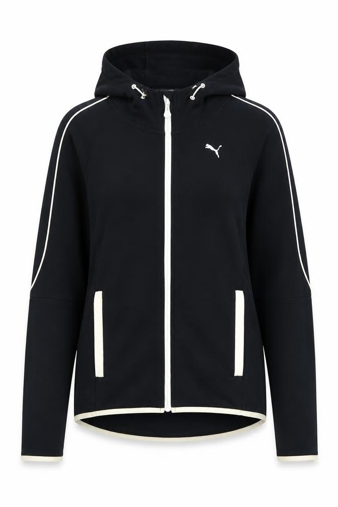 Front view of Puma women’s black full zip hoodie, size UK 8, uk athletic sportswear