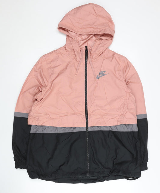 Nike Womens Pink Black Grey Windbreaker Jacket Size M Hooded Polyester