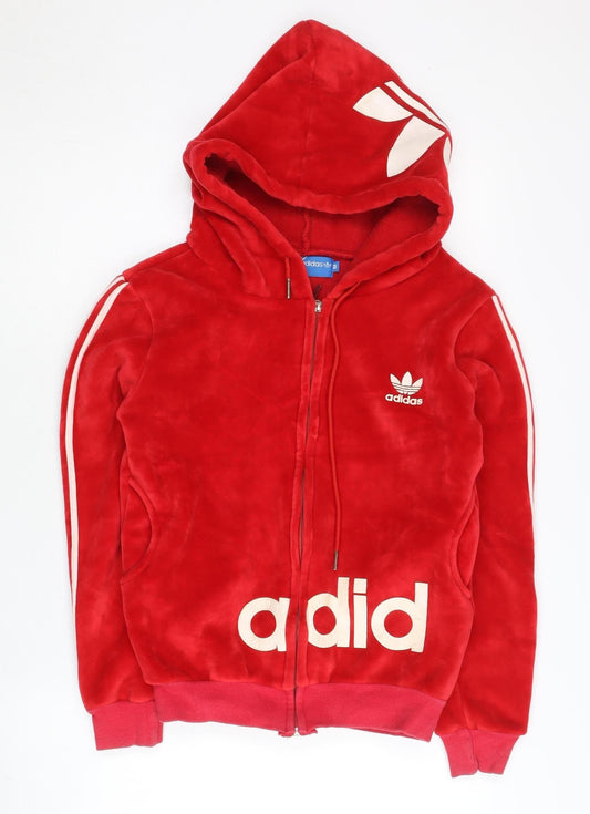 Adidas Womens Red Velour Full Zip Hoodie Sweatshirt Size M